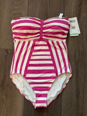 Coco Reef Pink and Cream Striped Strapless One-Piece Swimsuit